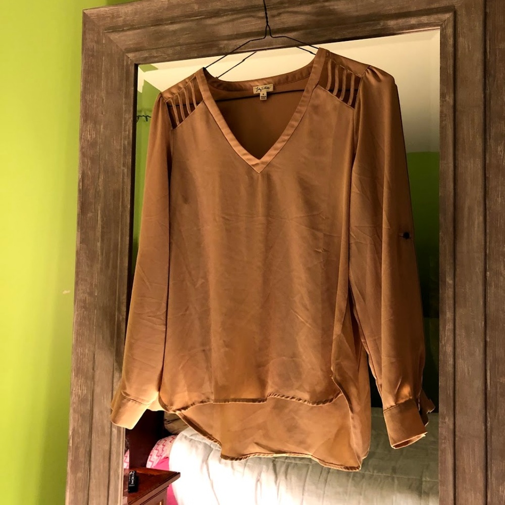 Tan Long Sleeve Blouse with Cut outs
